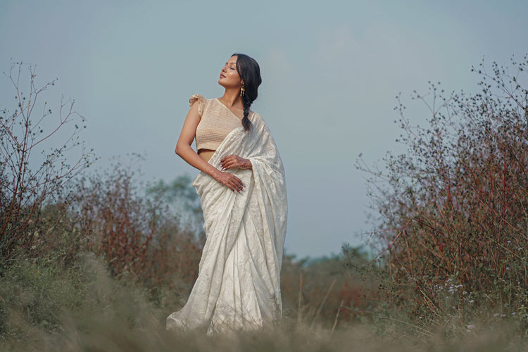 a model wearing our undyed handmade textile