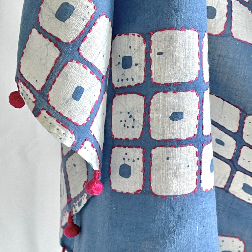 Batik Kantha Indigo Frame of Mind Handspun Handwoven Scarf