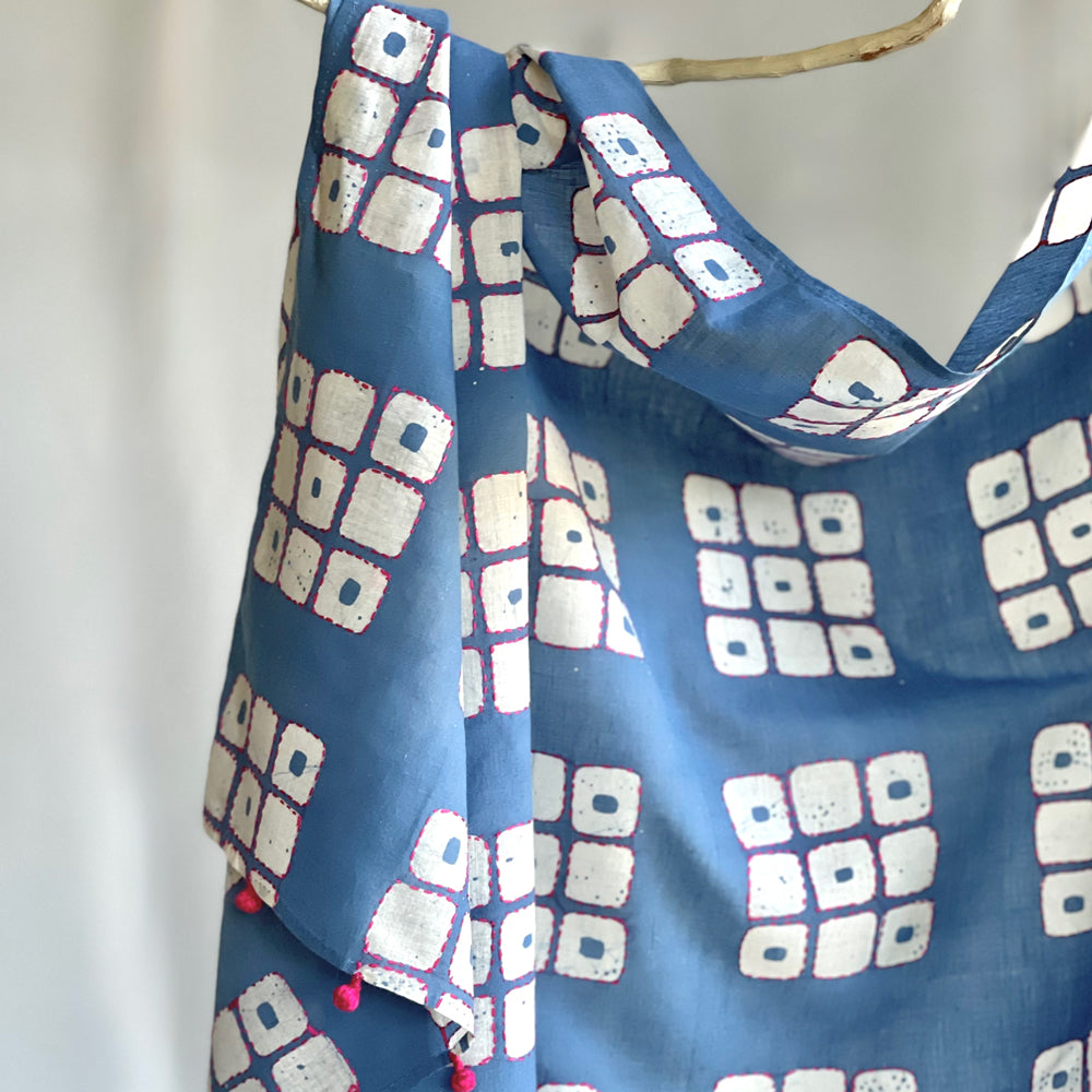 Batik Kantha Indigo Frame of Mind Handspun Handwoven Scarf