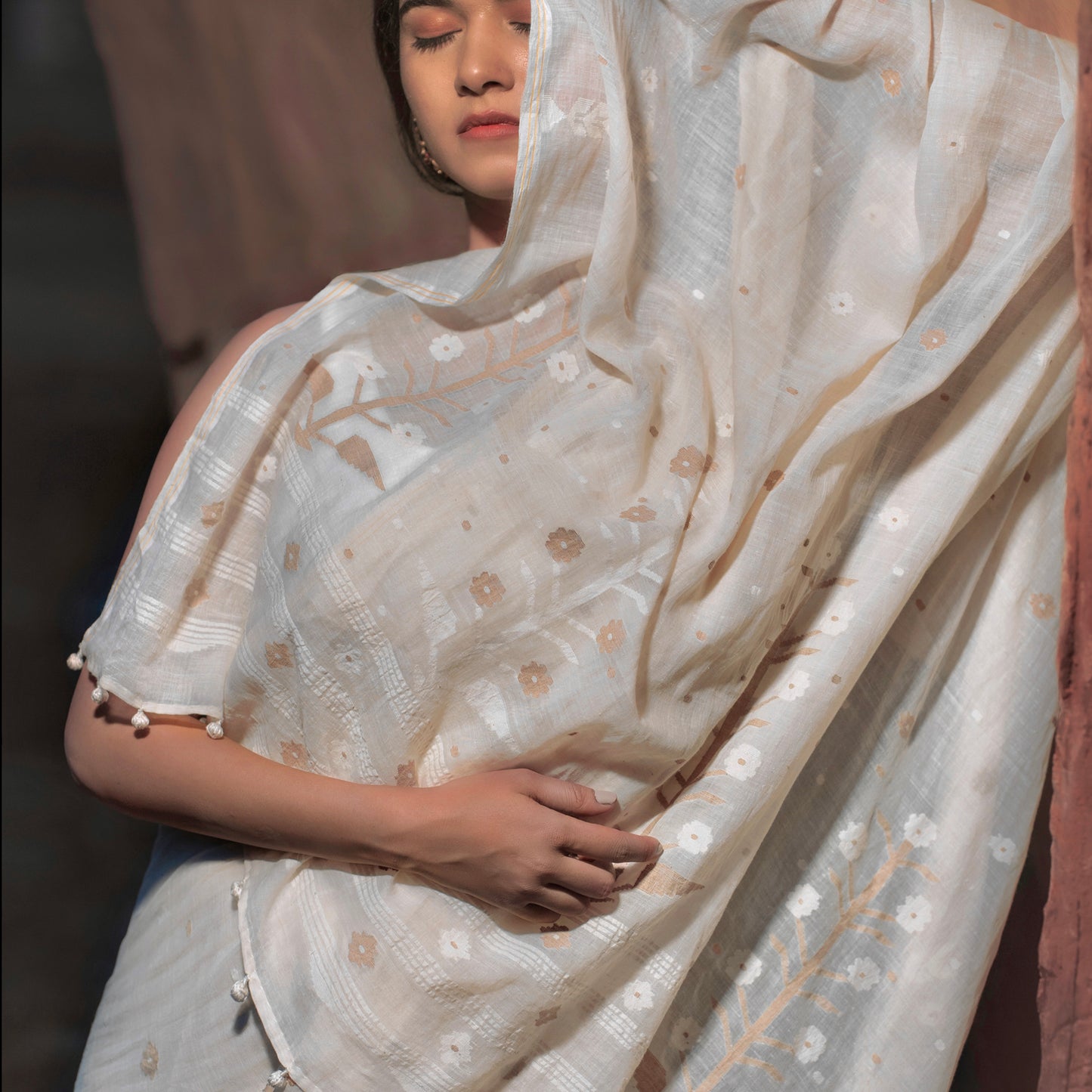 Jamdani Gul Bahar Brown Kora Cotton Sari