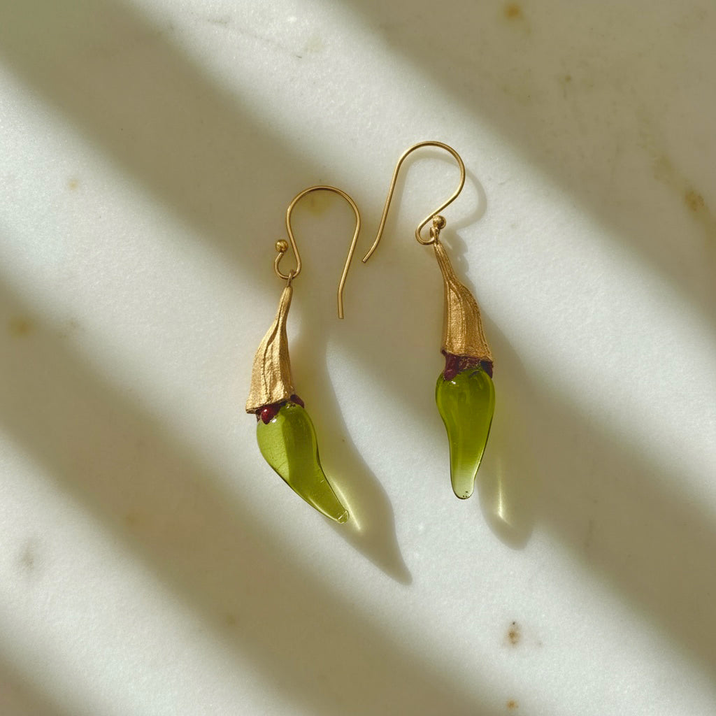 Green CHILI POD Small Glass Dangle Earrings