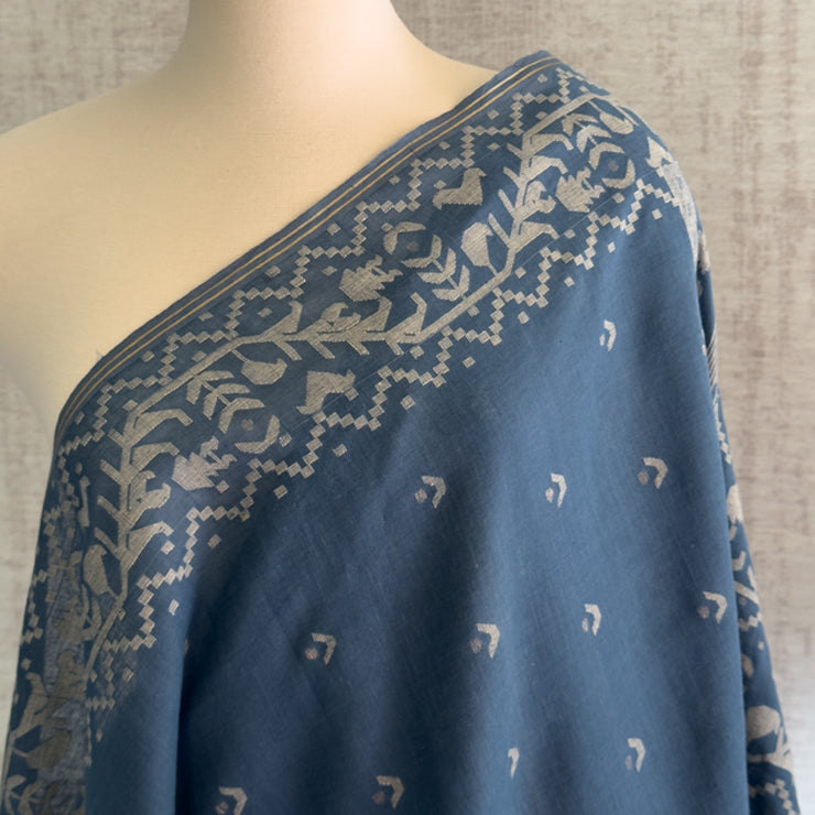 Jamdani DIYA BATI Indigo Cotton Sari