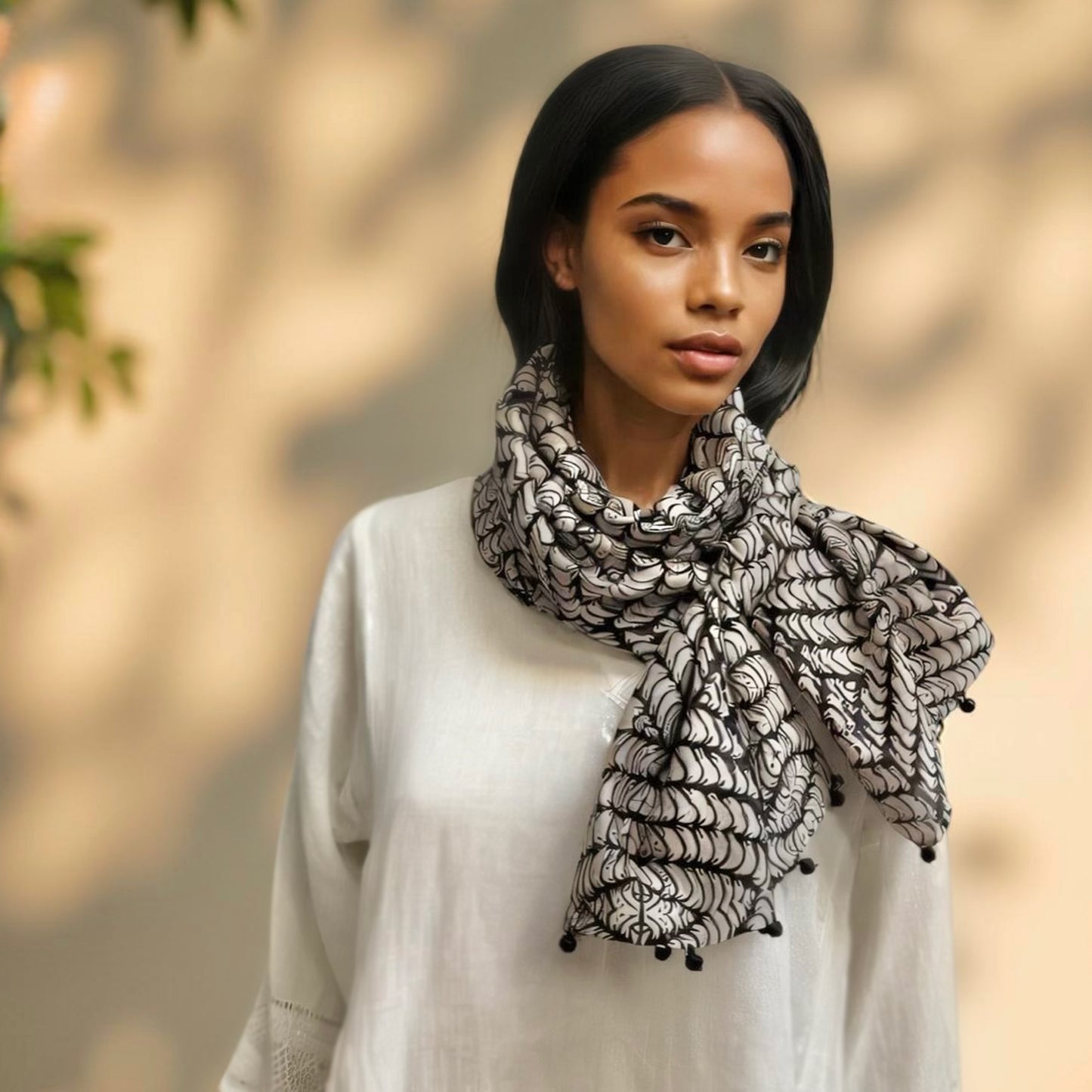 LEAF MINUTIAE Cotton Silk Black and White Scarf