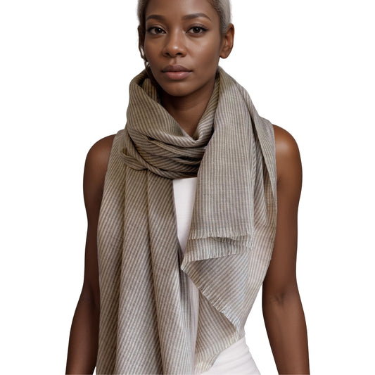 Pashmina Wool Natural Taupe and Brown Striped Wrap