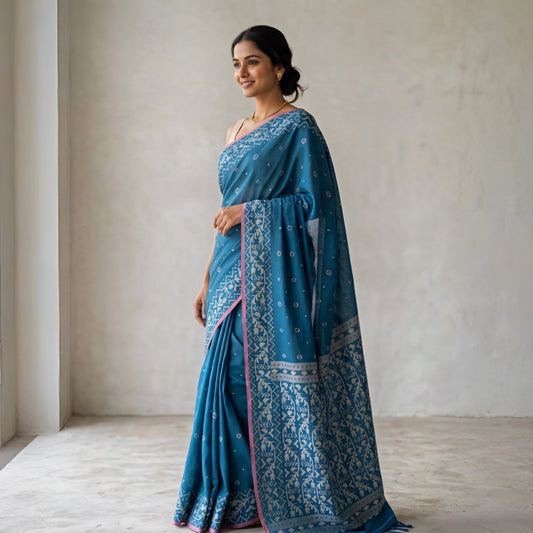 IRIA Jamdani Blue Cotton Sari