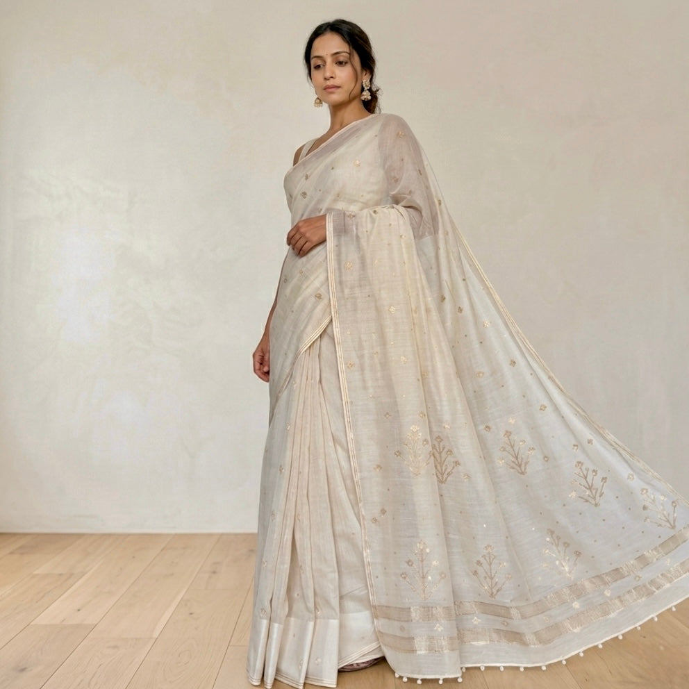 Jamdani MOONLIT MEADOWS Handwoven Cotton Real Zari Sari