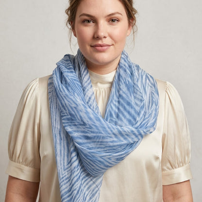 Model wearing Indigo and white Tie Dye Scarf