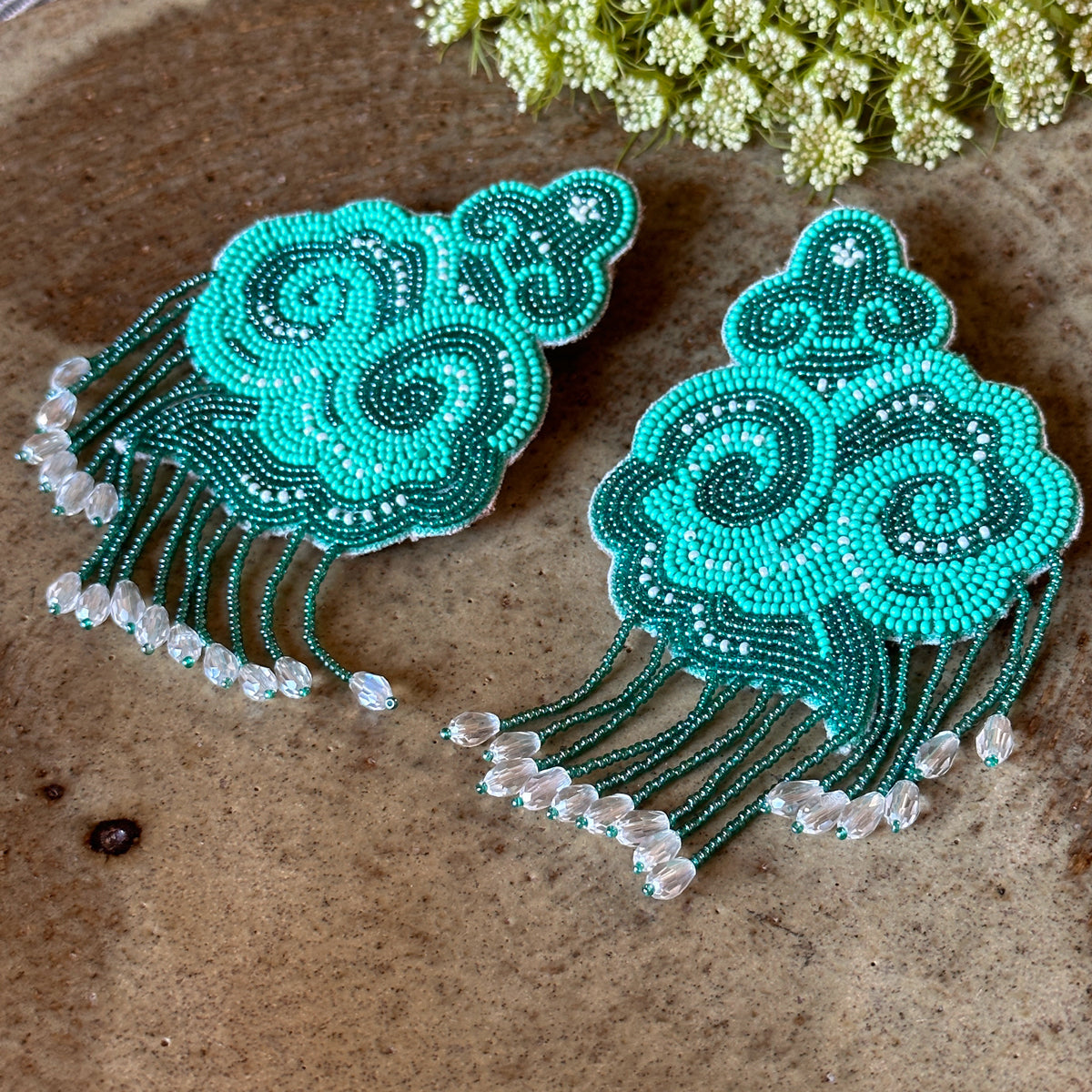 Aqua CLOUD Hand Embroidered Bead Earrings