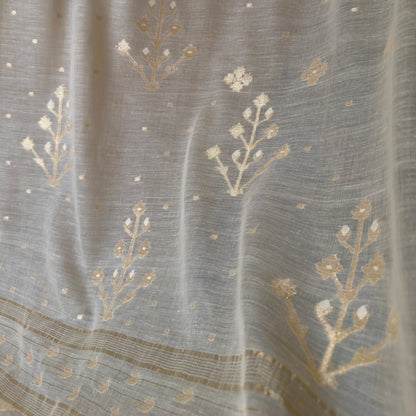 Jamdani Moonlit Meadows Handwoven 250 Count Cotton and Real Zari Sari