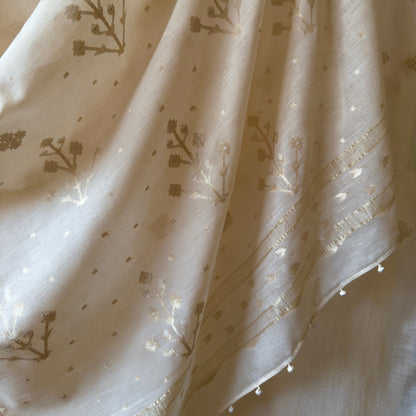 Jamdani Moonlit Meadows Handwoven 250 Count Cotton and Real Zari Sari