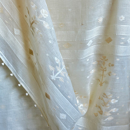 Preorder-Jamdani Moonlit Meadows Handwoven 200 Count Cotton Sari