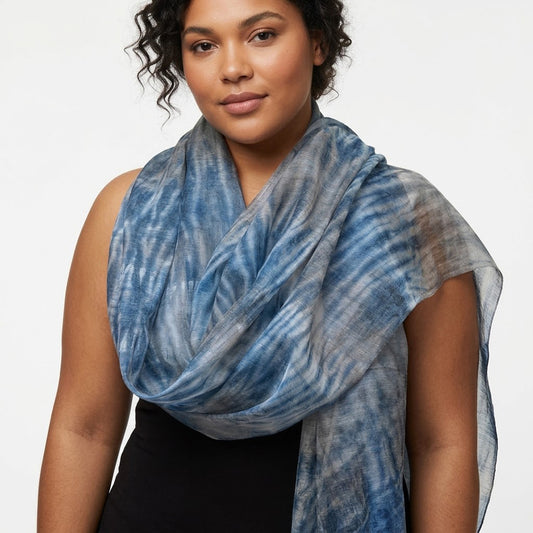 Indigo Iron Tie Dye1 scarf on a model