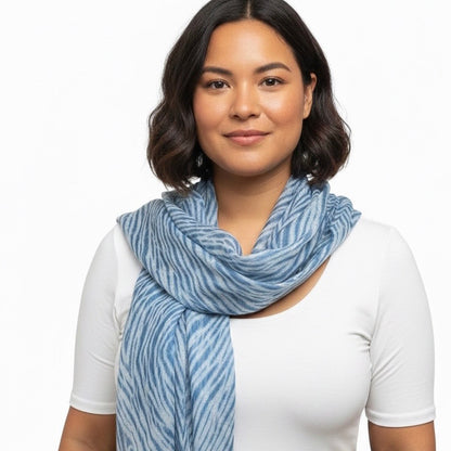 Indigo and White Tie Dye Scarf on a model