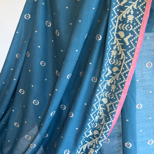 IRIA Jamdani Blue Cotton Sari
